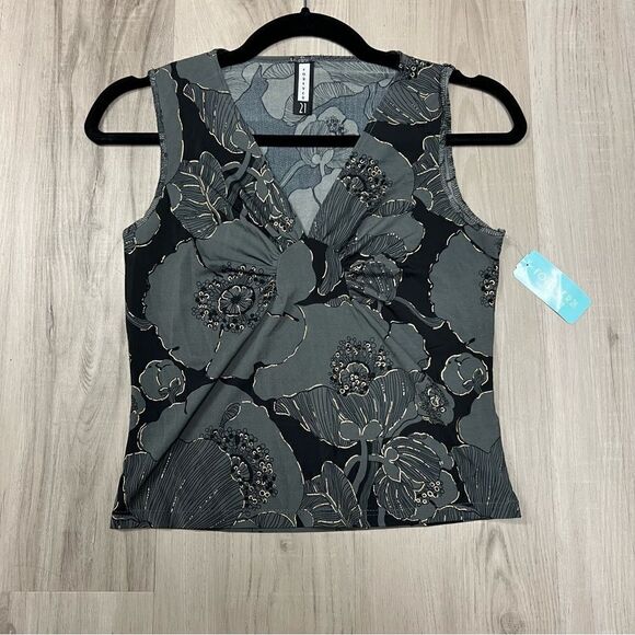 Vintage Y2K tank by forever 21 sz L NWT gray and metallic gold pattern v neck - Picture 12 of 12